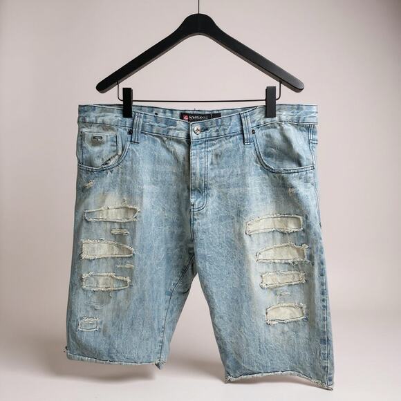Southpole Jean Shorts Men's Size 44 Blue Denim Distressed Light Wash Raw Hem - Picture 1 of 13